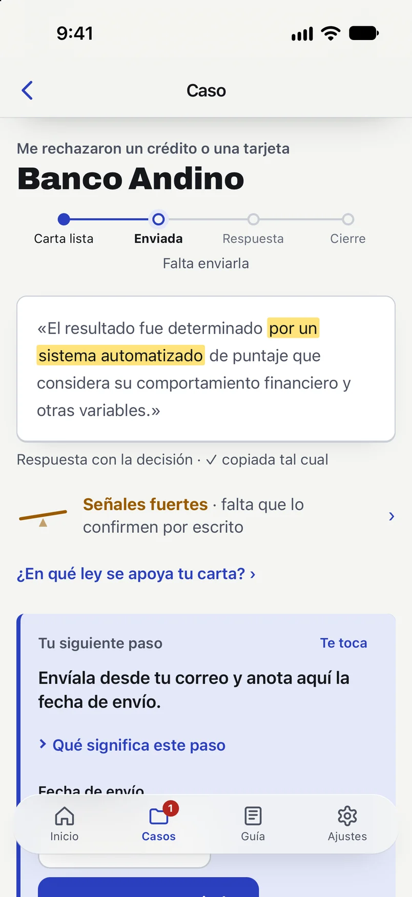 Un caso abierto en la app para iPhone: Banco Andino, con la frase de la respuesta subrayada y el siguiente paso.
