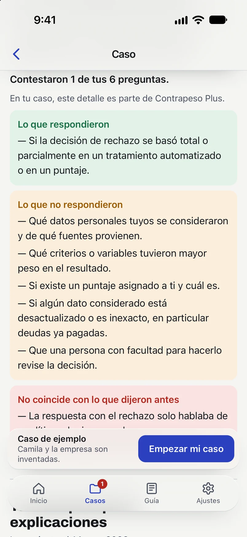 El caso de ejemplo en Contrapeso: «Contestaron 1 de tus 6 preguntas». Lo que respondieron, las cinco preguntas que no respondieron y lo que no coincide con lo que dijeron antes.